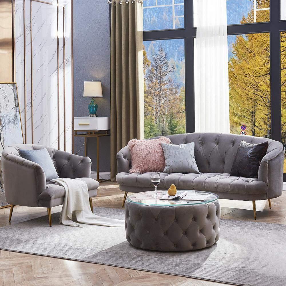 Classic Gray Velvet Buttoned Sofa Set - Northern Interiors