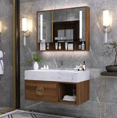 Modern Walnut Bathroom Vanity & Mirror Cabinet Set - Northern Interiors