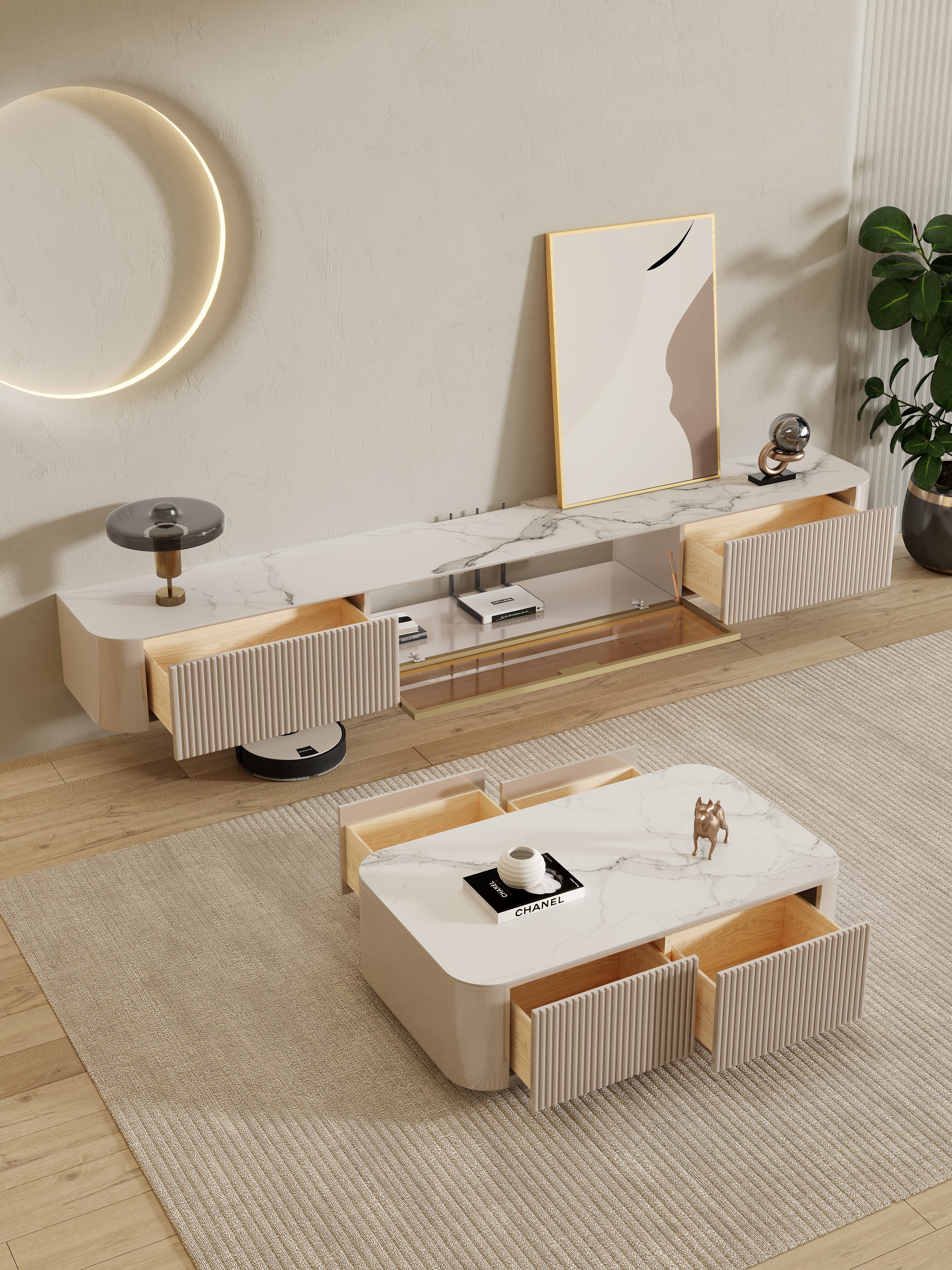 LuxeVision Luxury Wall Mount TV Cabinet and Coffee Table Set