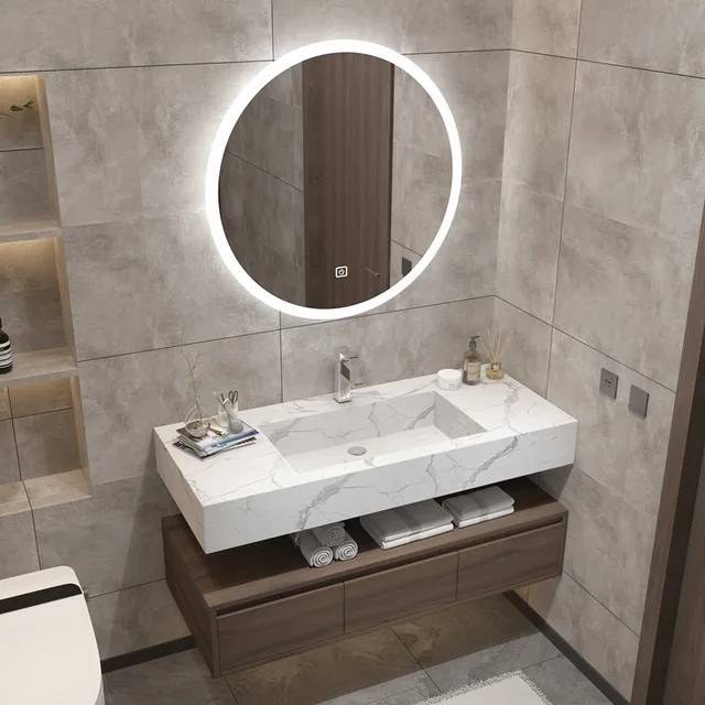 Walnut Floating Bathroom Vanity with Integrated Sink & Mirror Set