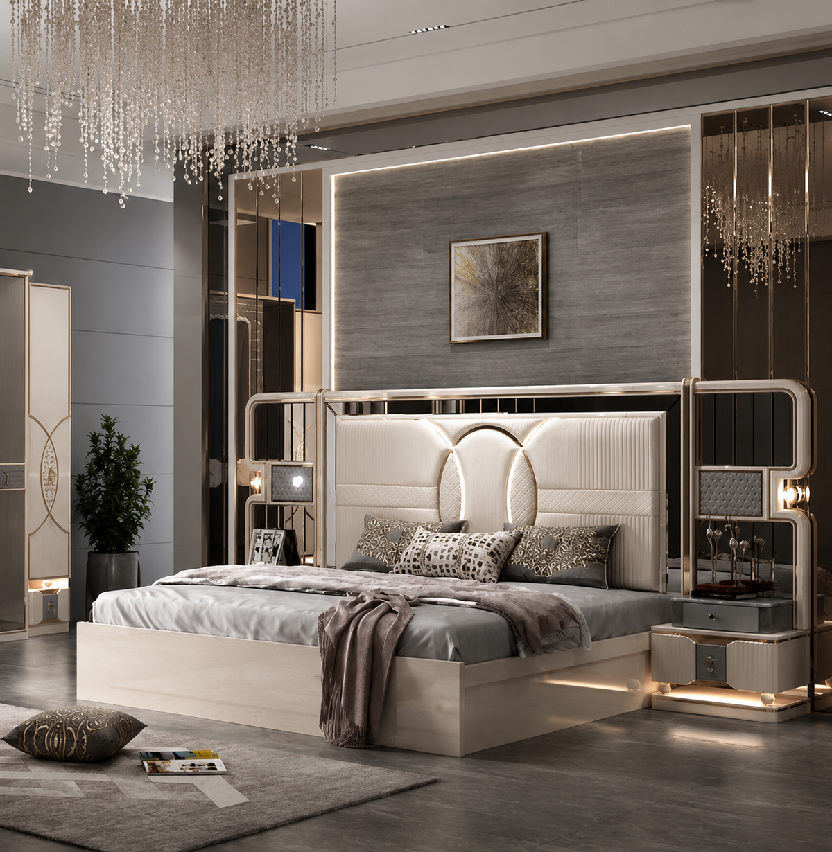 Luxurious Modern Upholstered LED Bed Set with Wardrobe