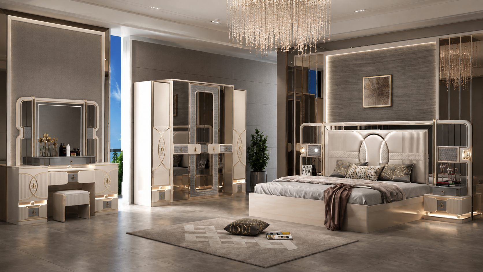 Luxurious Modern Upholstered LED Bed Set with Wardrobe