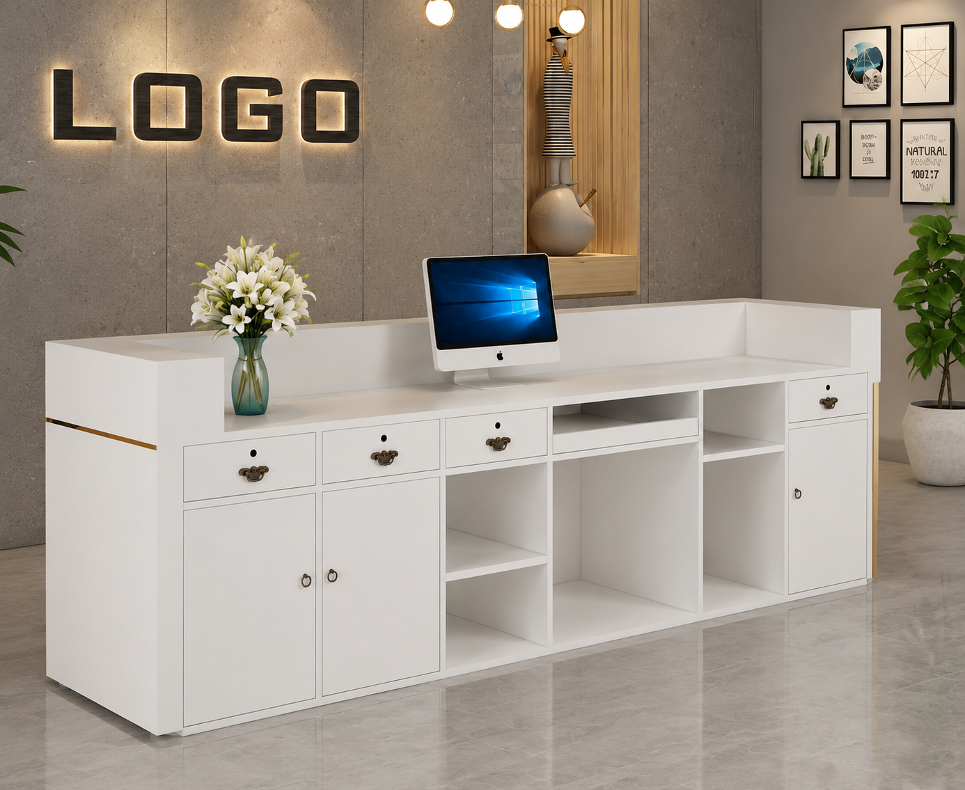 Luxurious Slat Paneled Reception Desk with LED
