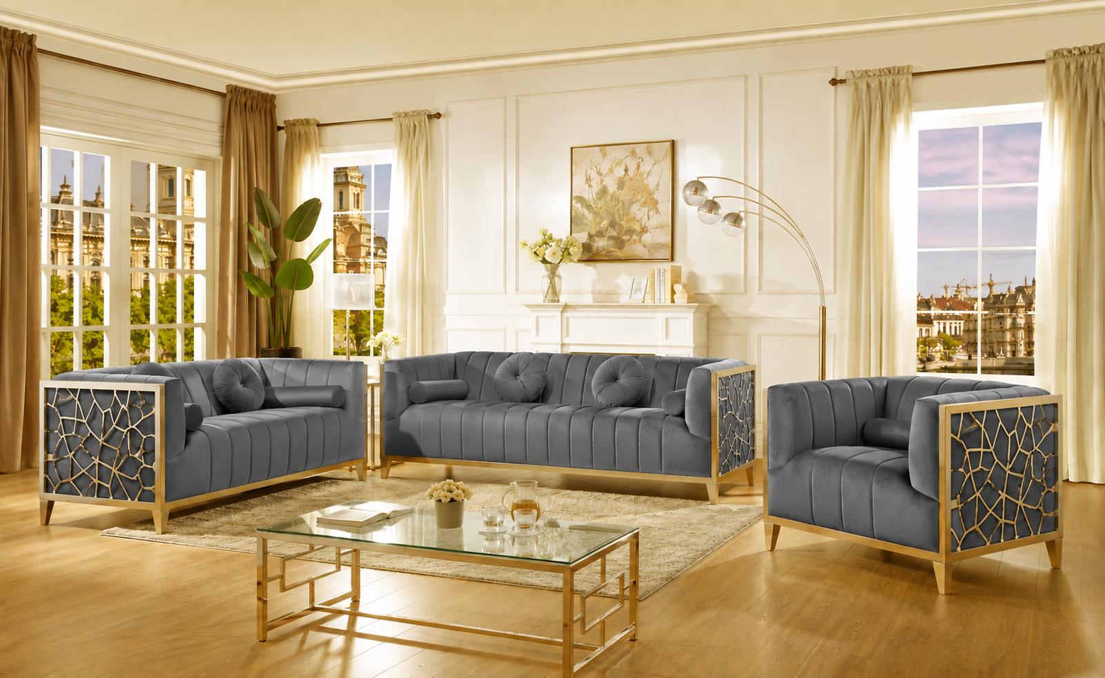 Lavish Nest Modern Velvet Grey Sofa Set