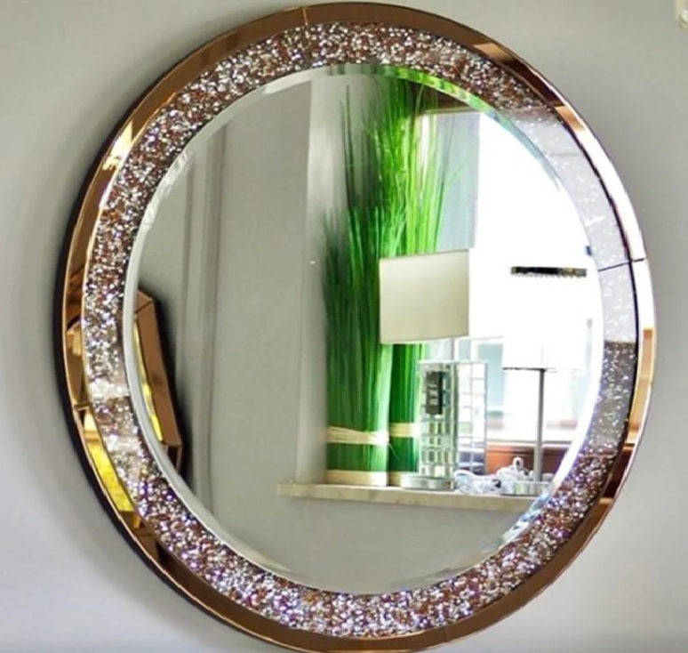 Unique Round Crushed Diamond Crystal  Wall Mirror