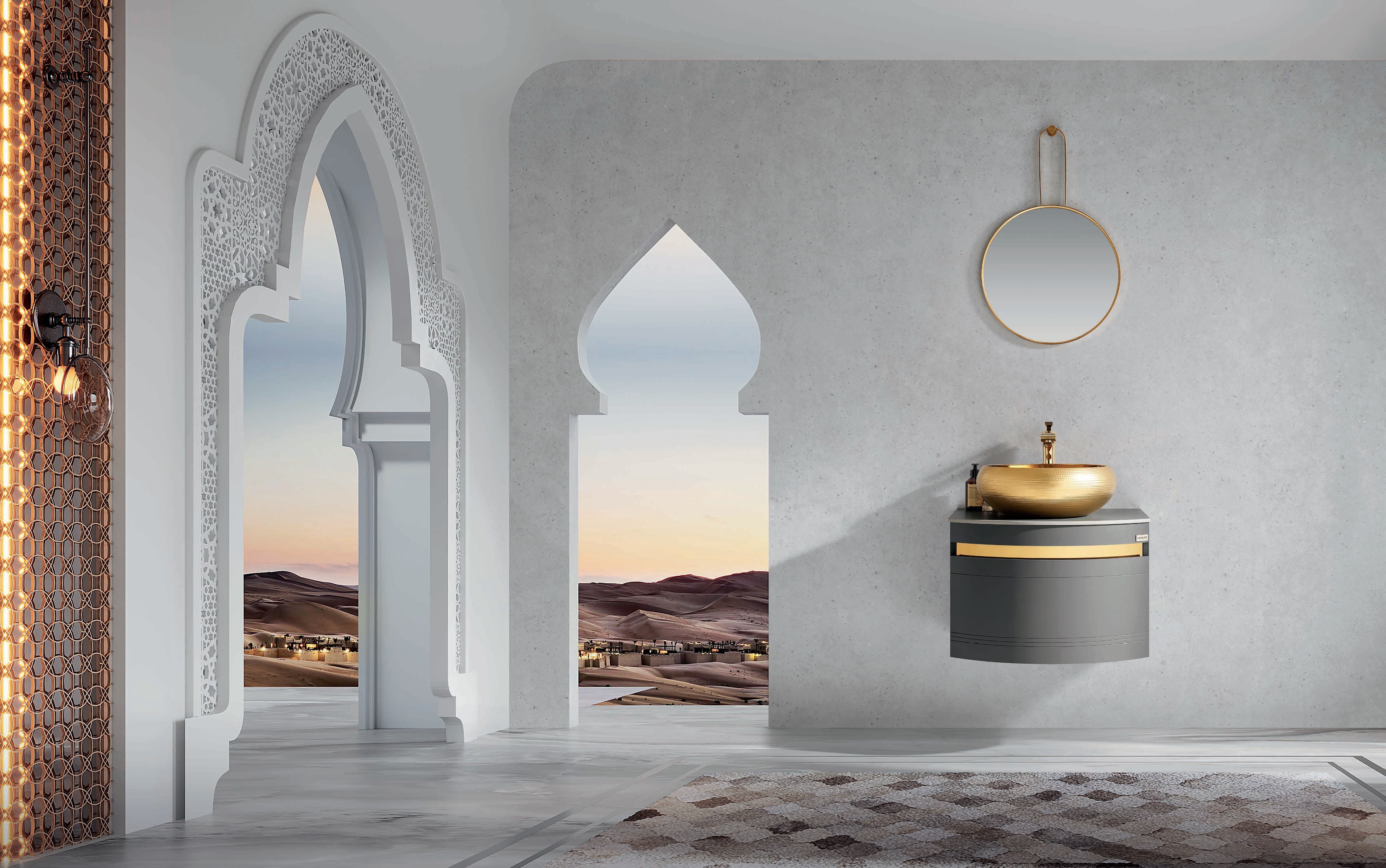 Luxurious Minimalist Gray and Gold Wall mount Bathroom Vanity Set
