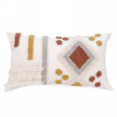 Rect tufted cushion ocher/ivory & fringe