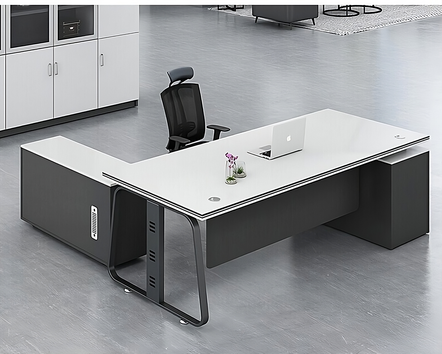 White Modern Office Desk with Mobile Cabinet