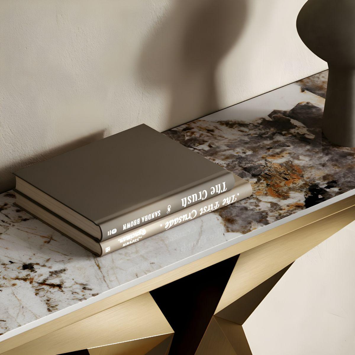 Arkelis Gold Stainless steel Marble Top Console Table - Northern Interiors