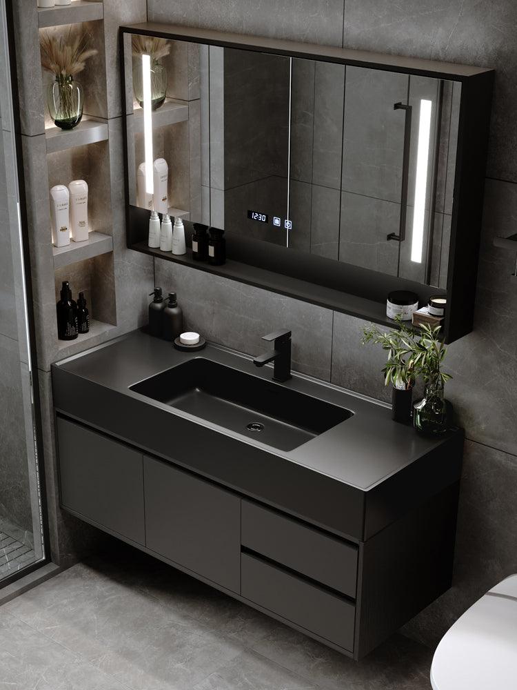Black Luxury Wall Mount Bathroom Vanity & LED Mirror Cabinet Set ...