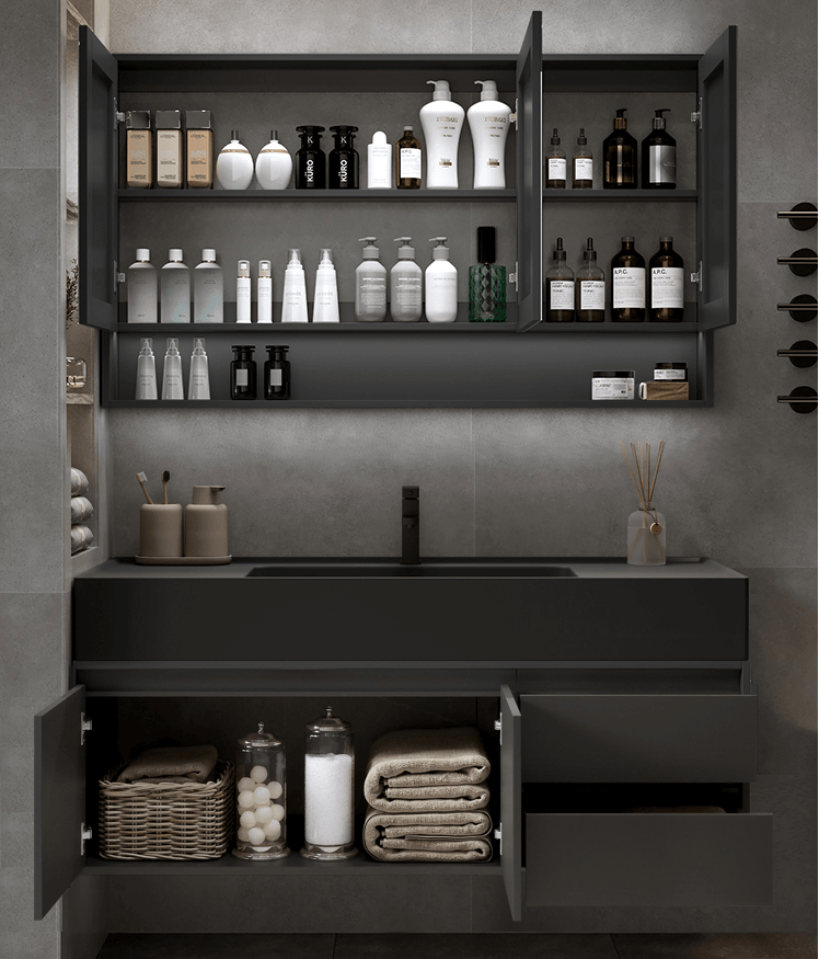 Black Luxury Wall Mount Bathroom Vanity & Mirror Cabinet Set - Northern Interiors