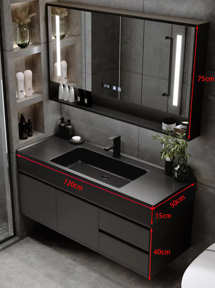 Black Luxury Wall Mount Bathroom Vanity & LED Mirror Cabinet Set