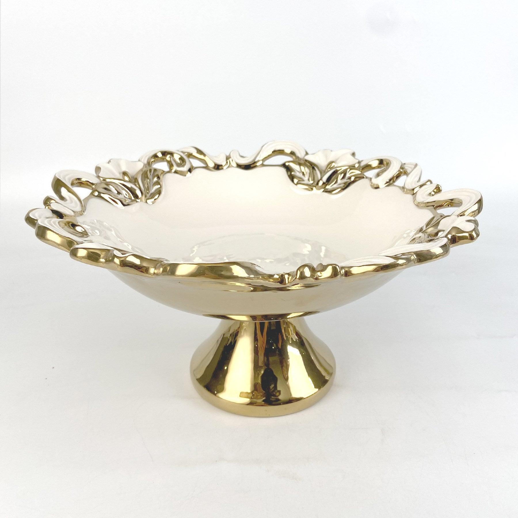 Luxury Ceramic Cream & Gold Serving Bowl with Stem - Northern Interiors