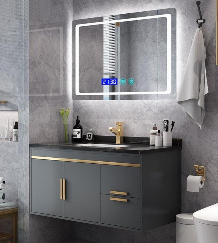 Luxury Gray Wall Mount Bathroom Vanity & LED Mirror with Gold Hardware - Northern Interiors