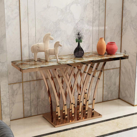 Stylish Rose Gold Stainless steel Marble Top Console Table - Northern Interiors