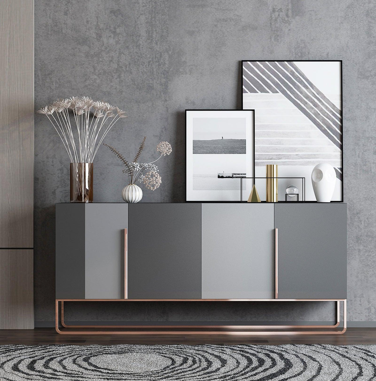 Modern Gray and Rose Gold wooden sideboard buffet cabinet - Northern Interiors